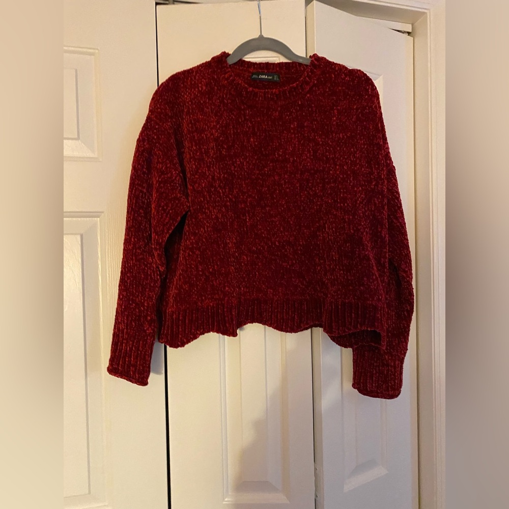 Cozy ZARA Red Crew Neck Sweater with Textured Knit Chunky Super soft